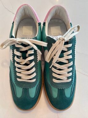 Dolce Vita Notice Sneakers Green Suede Leather Gum Sole Pink Heel NWT Size 8
